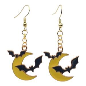 Bat & Moon Earrings Gothic Witchy Halloween Jewelry Spooky Celestial